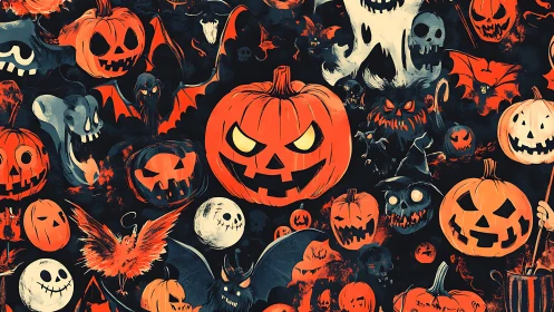 Grinning jack-o&rsquo;-lanterns crowd a spooky Halloween night scene.