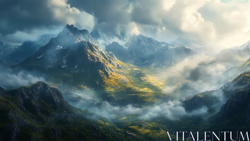 Sunlit ridges drift through storm-bright, cloud-swept mountains