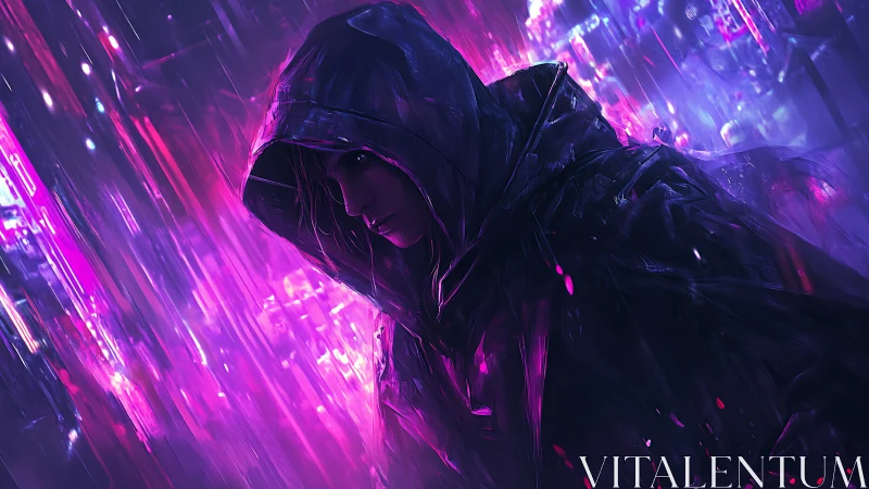 Cyberpunk hooded figure under neon rain at night.