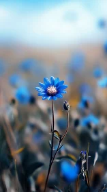 Single blue flower stands sharply against blurred meadow field
