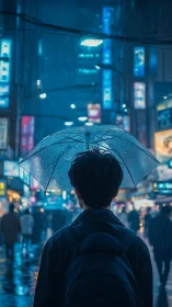 Quiet night wander under a clear umbrella in neon rain.