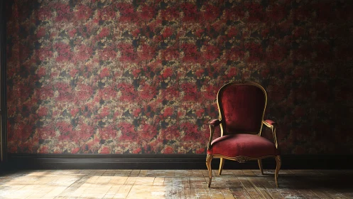 Crimson velvet throne resting in a moody patterned parlor.