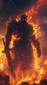 Infernal warlord rising within storming pillars of flame.