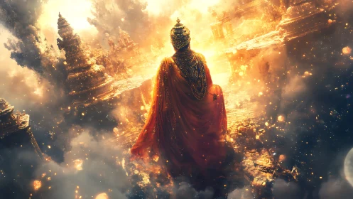 Golden-robed deity walking through a blazing heavenly city.