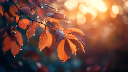 Glowing autumn leaves with raindrops in warm sunset bokeh.