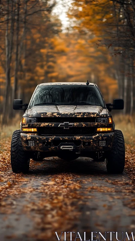 Camouflaged off-road truck confronts autumn forest avenue