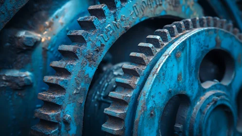 Weathered blue metal gears capture rugged industrial motion