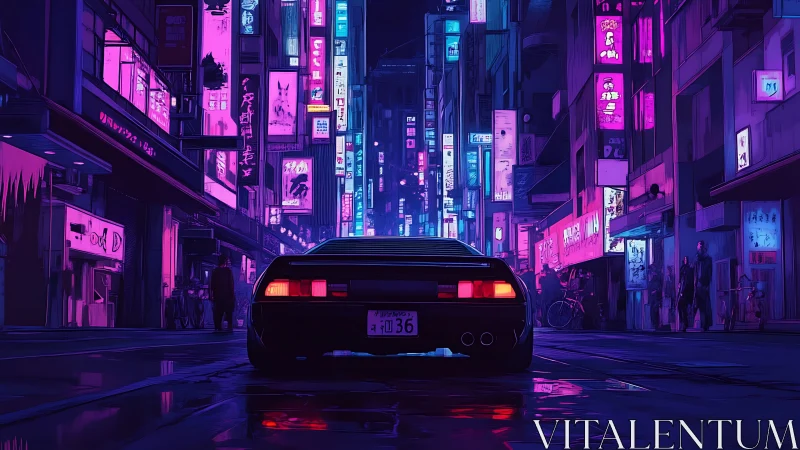 Neon drenched alley cruise with a retro cyberpunk coupe.