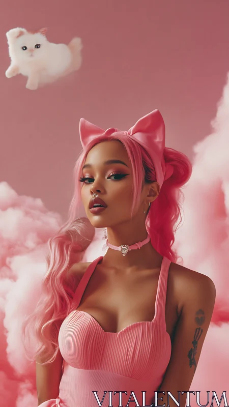 Chromatic pink portrait with stylized clouds and floating kitten