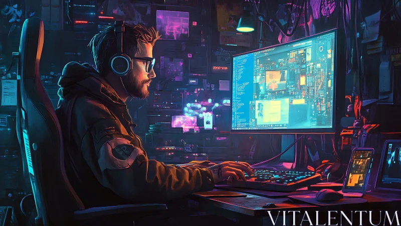 Late-night coder explores a vibrant neon-lit digital world