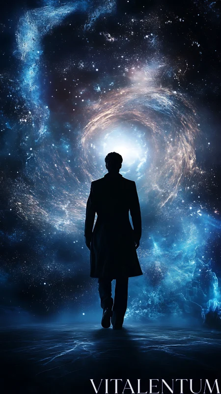 Silhouetted traveler walks toward luminous cosmic vortex