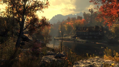 Rendered riverside cabin within dense autumn woodland setting