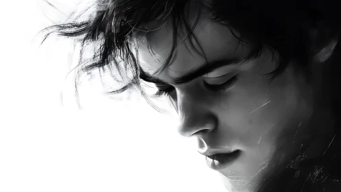 Storm-tossed introspection in monochrome digital portrait.