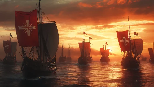Crusader fleet under blazing sunset on reflective sea.
