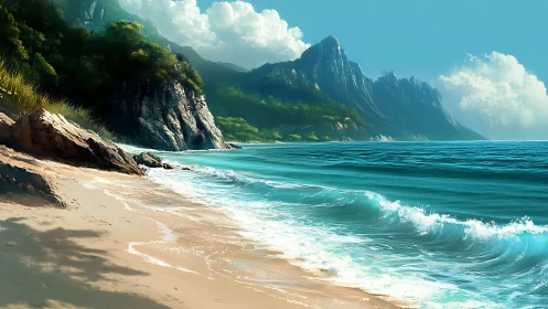 Tropical shoreline with turquoise surf and jagged cliffs.
