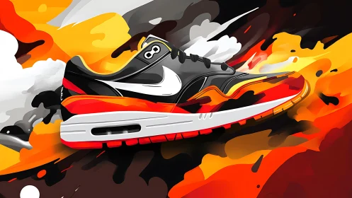 Dynamic sneaker illustration slices through abstract inferno