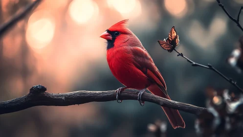 Vibrant red cardinal perched on branch in dreamy sunset light.