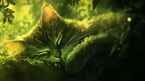 Luminescent Cat Resting in Golden Foliage.