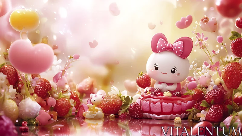 3D rendered character figure surrounded by strawberries and floral elements