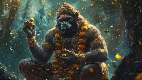 Divine simian deity in jeweled regalia amid forest light.