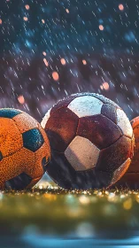 Rain-soaked soccer balls under stadium lights at night.
