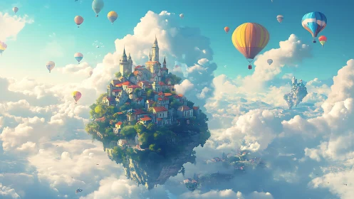 Floating sky city with hot air balloons above clouds.