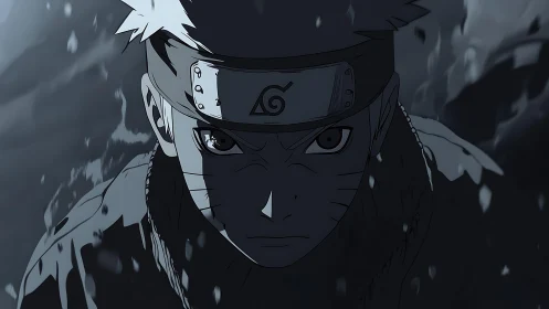 Storm-battered ninja portrait in stark monochrome focus.