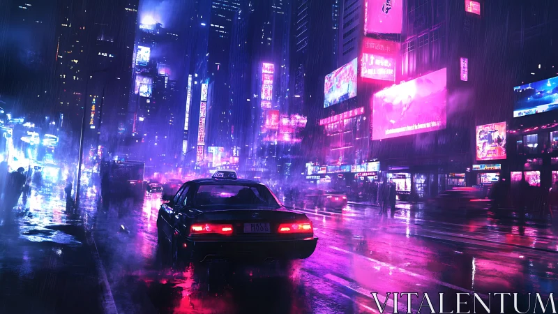 Neon rainstorm cradles a lone taxi in electric midnight streets.