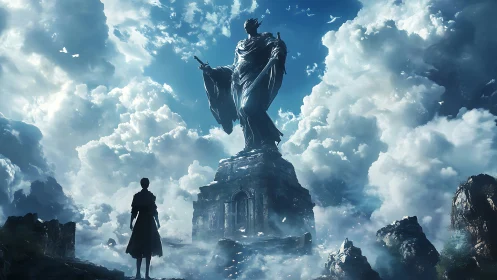 Distant figure observes monumental robed statue amid clouds
