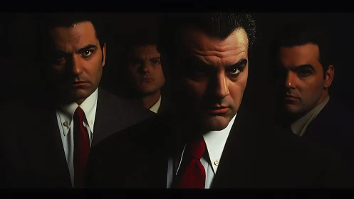 Serious suited men in low light portrait group.