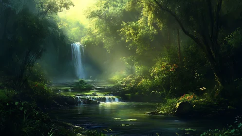 Waterfall flowing through dense forest canopy with filtered sunlight.