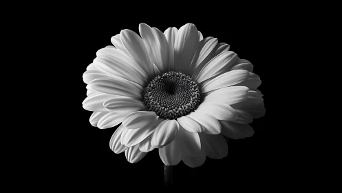 Gerbera Daisy in Monochrome Against Black Background.