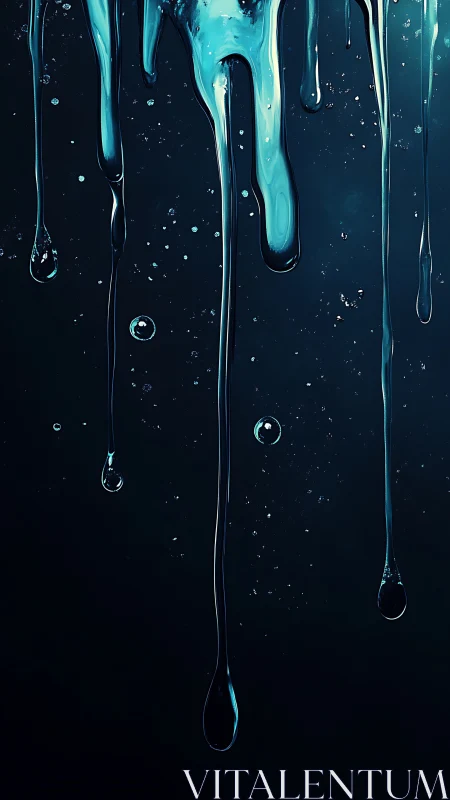 Blue viscous drips stretch downward against deep dark void