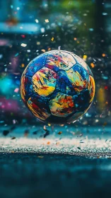 Color-splashed soccer ball midair over wet textured ground.