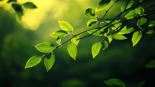 Sunlit Green Leaves on Branch in Nature Photography Style.