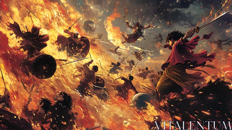 Volcanic sky duel with cascading swords and burning warriors.