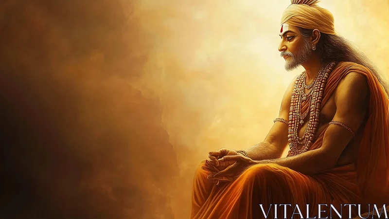 Contemplative sage in volumetric golden atmospheric field.