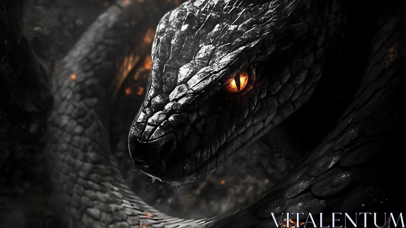 Serpentine obsidian dragon head with molten ember eye gaze.