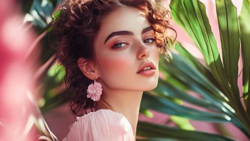 Curly haired woman poses among tropical leaves in sunlight