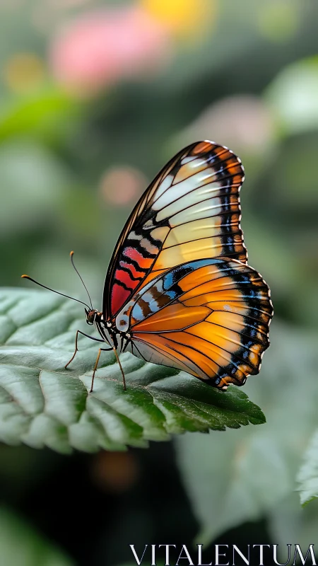 Colorful butterfly rests on leaf in soft blurred garden