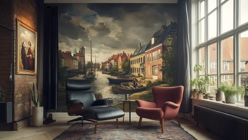 Cozy reading nook with canal mural and soft afternoon light.