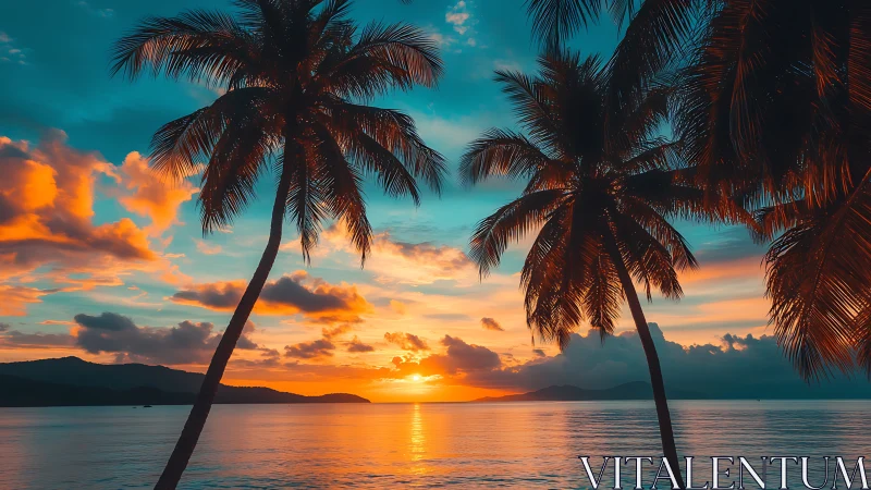 Vibrant tropical sunset behind palm trees over calm sea.
