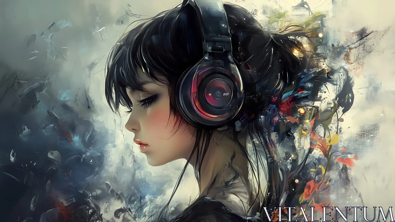Side profile girl wearing headphones amid abstract colors