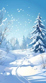 Layered winter forest path uses stylized lighting and soft shading