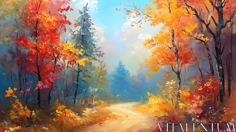 Autumn forest path in saturated impasto color study.