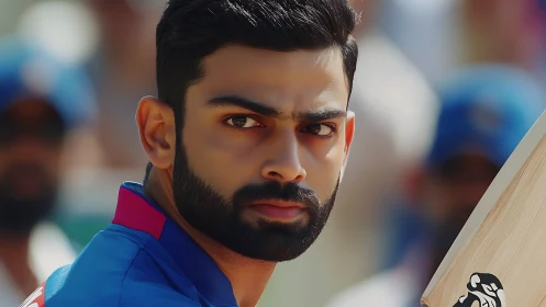 Focused cricketer portrait holding bat during match.