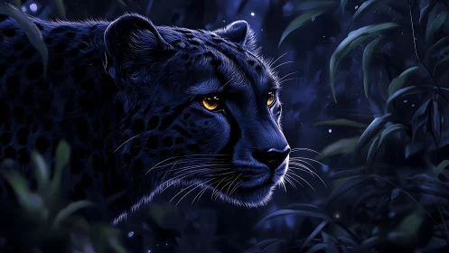 Nocturnal leopard rendering with atmospheric illumination and botanical environment