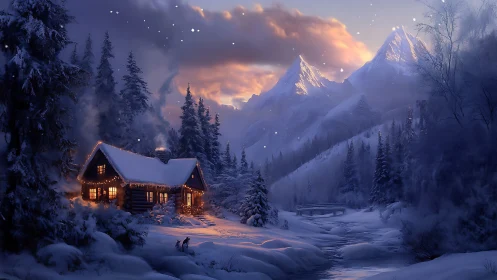 Snowy mountain cabin glows beneath a pastel winter sky.