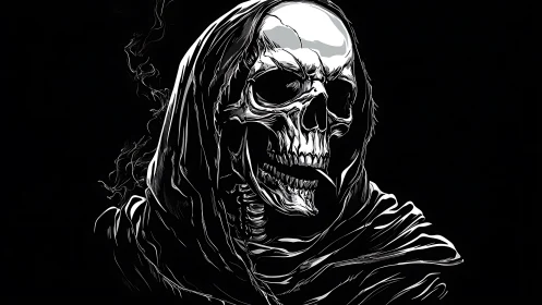 Grim reaper skull in shadowed cloak, stark monochrome study.