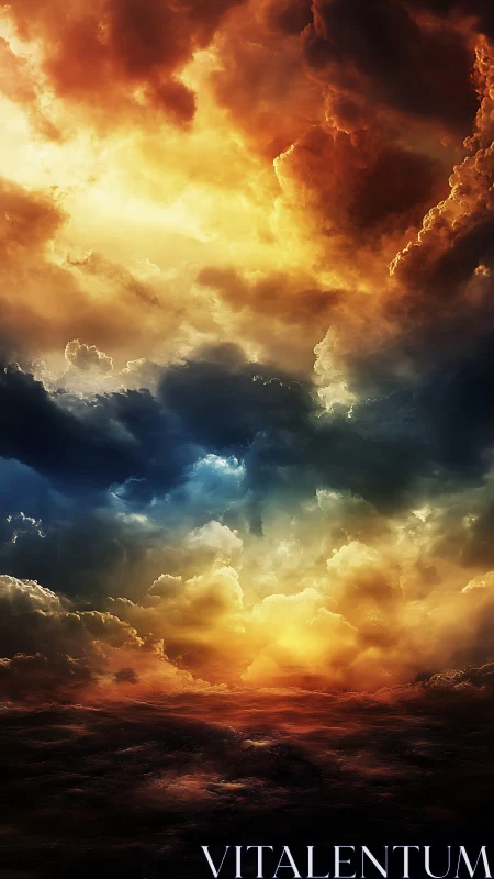 Layered storm clouds over dark sea with intense lighting.